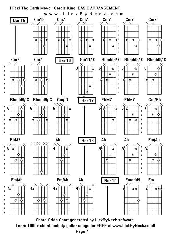 Chord Grids Chart of chord melody fingerstyle guitar song-I Feel The Earth Move - Carole King- BASIC ARRANGEMENT,generated by LickByNeck software.